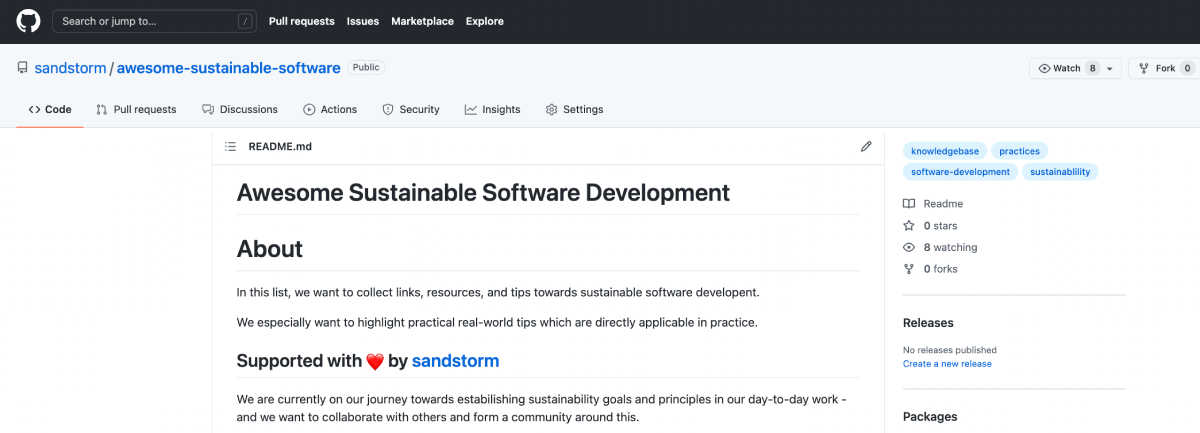 Screenshot von GitHub: Awesome Liste Sustainable Software Development